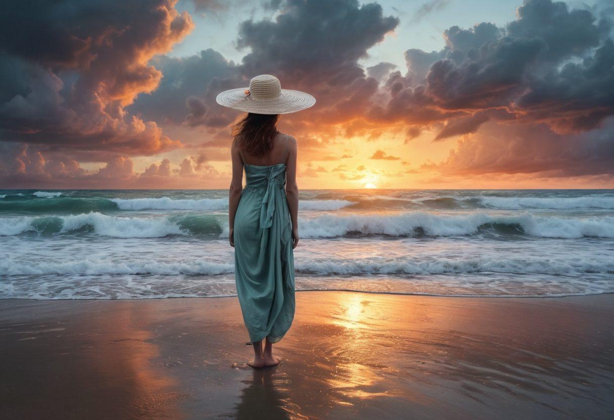 A surreal beach scene depicting whimsical beachwear like oversized hats, vibrant sarongs, and mismatched flip-flops, all adorned with melancholic motifs such as teardrops and gray clouds. The ocean waves crash softly against the shore while a lone figure gazes pensively into the distance, with a background of a colorful sunset blending with stormy skies. Soft, muted colors dominate the scene, adding to the somber yet whimsical atmosphere. surrealism. soft pastels. dreamy vibe.
