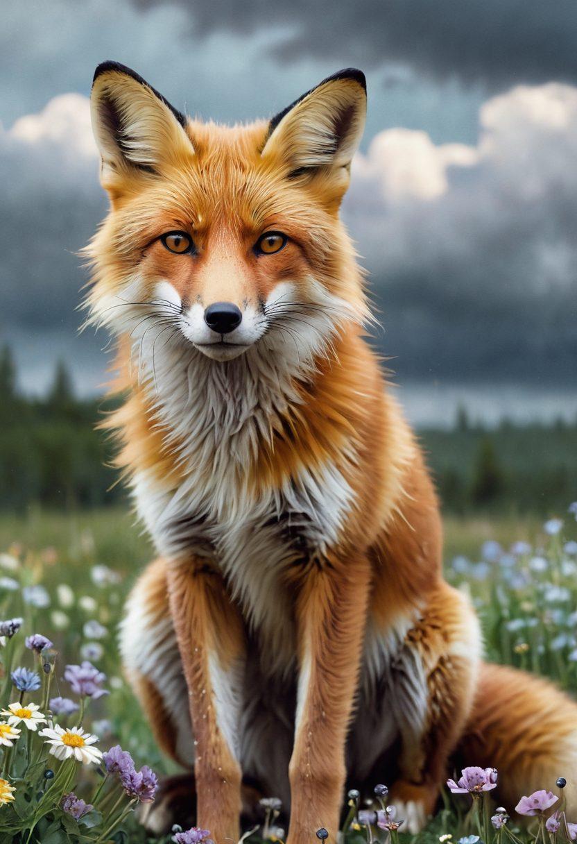 A stylish fox wearing a unique apparel design symbolizing sadness, surrounded by a summer landscape with wilting flowers under a cloudy sky. Include soft, muted colors to represent melancholy, with raindrops falling gently in the background. The fox's expression should convey a sense of longing and introspection. Artistic style: painting with soft brush strokes and pastel hues.
